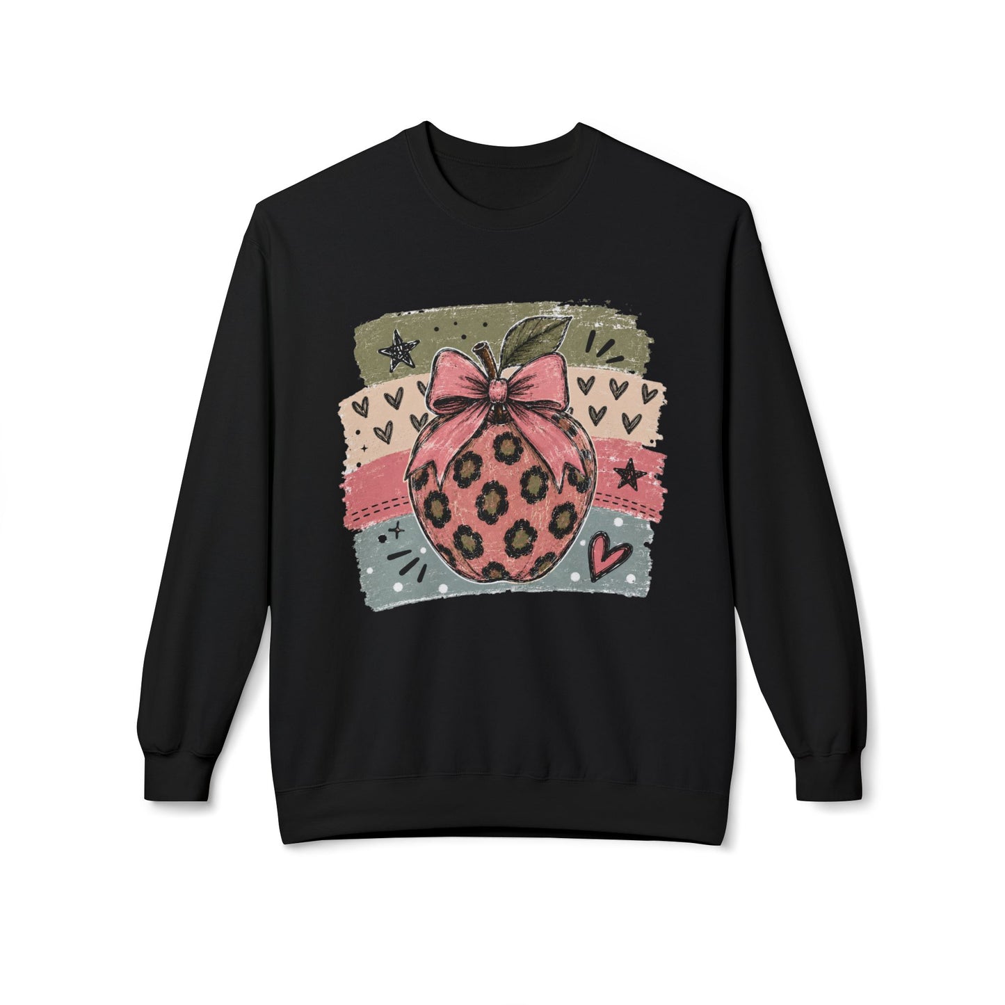 Black sweatshirt with front graphic leopard ornament with pink bow and heart details.