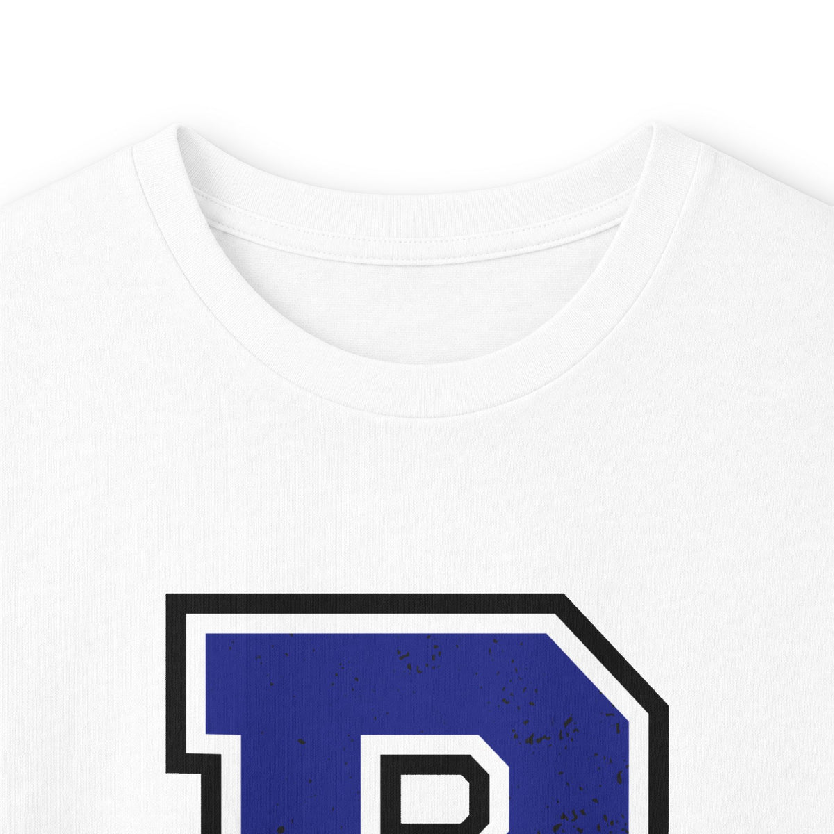 White long-sleeve crewneck shirt neckline with partial Bulldogs B logo graphic
