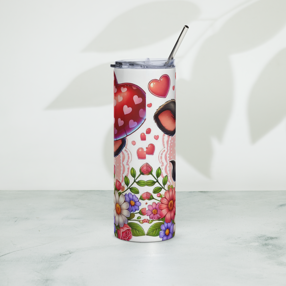 Insulated tumbler with straw, calf ear and red hearts over floral flowers
