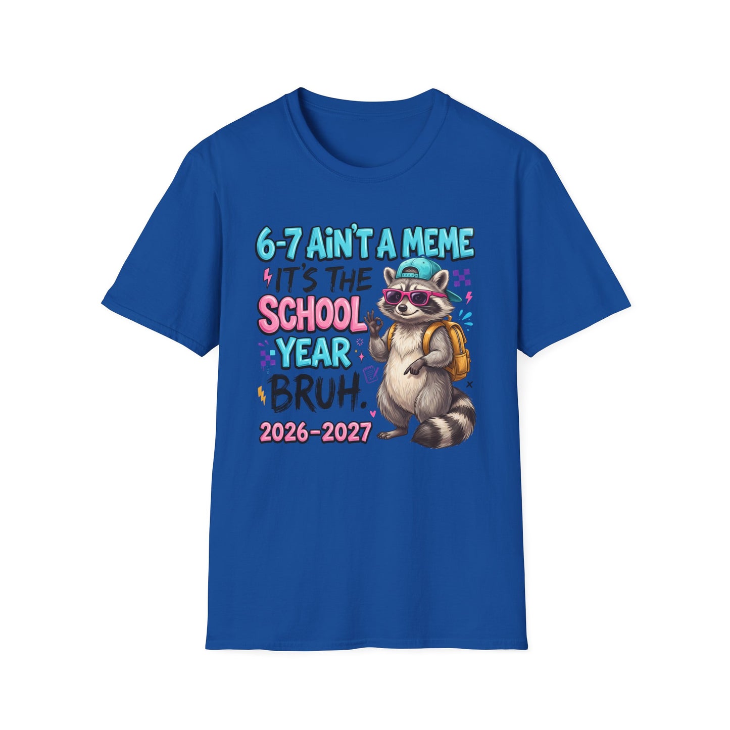 Royal blue crewneck T-shirt with colorful raccoon school year graphic on front
