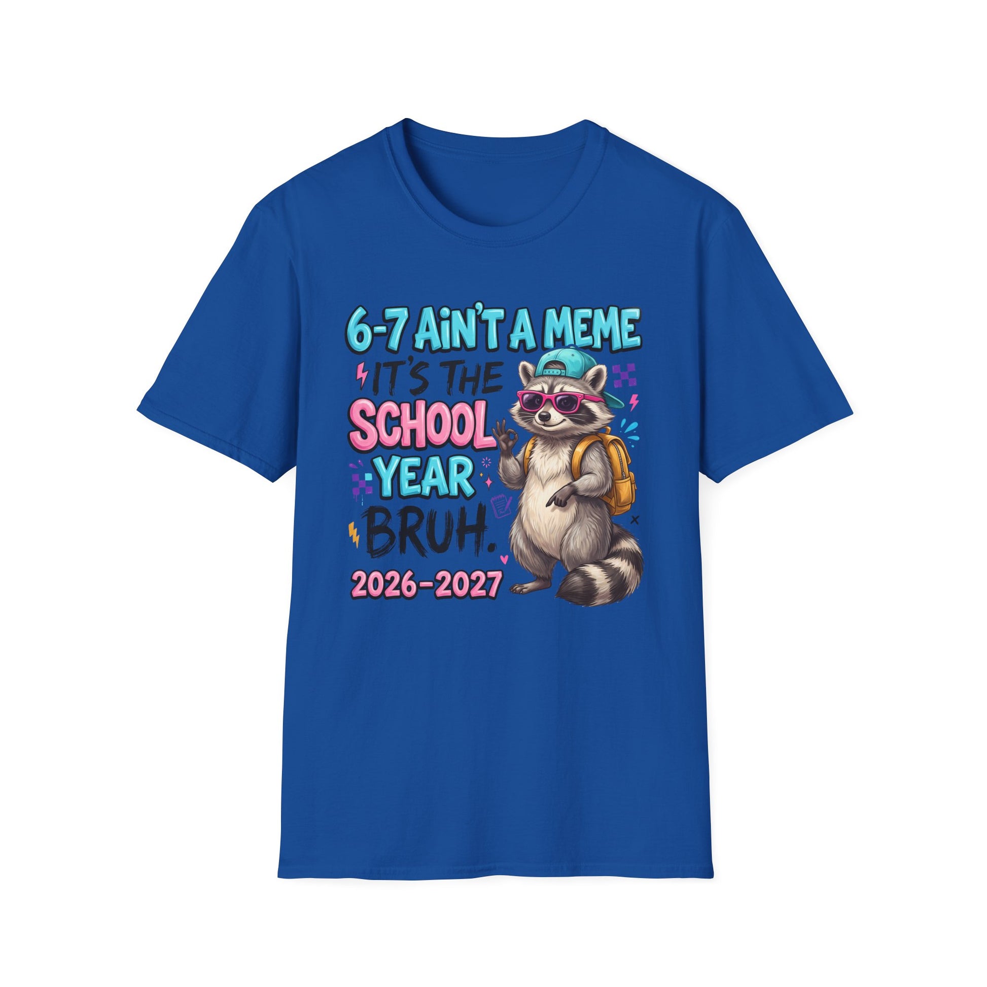 Royal blue crewneck T-shirt with colorful raccoon school year graphic on front