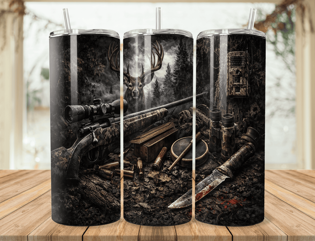 20oz stainless steel travel mug with hunting rifle and ammo graphic and lid