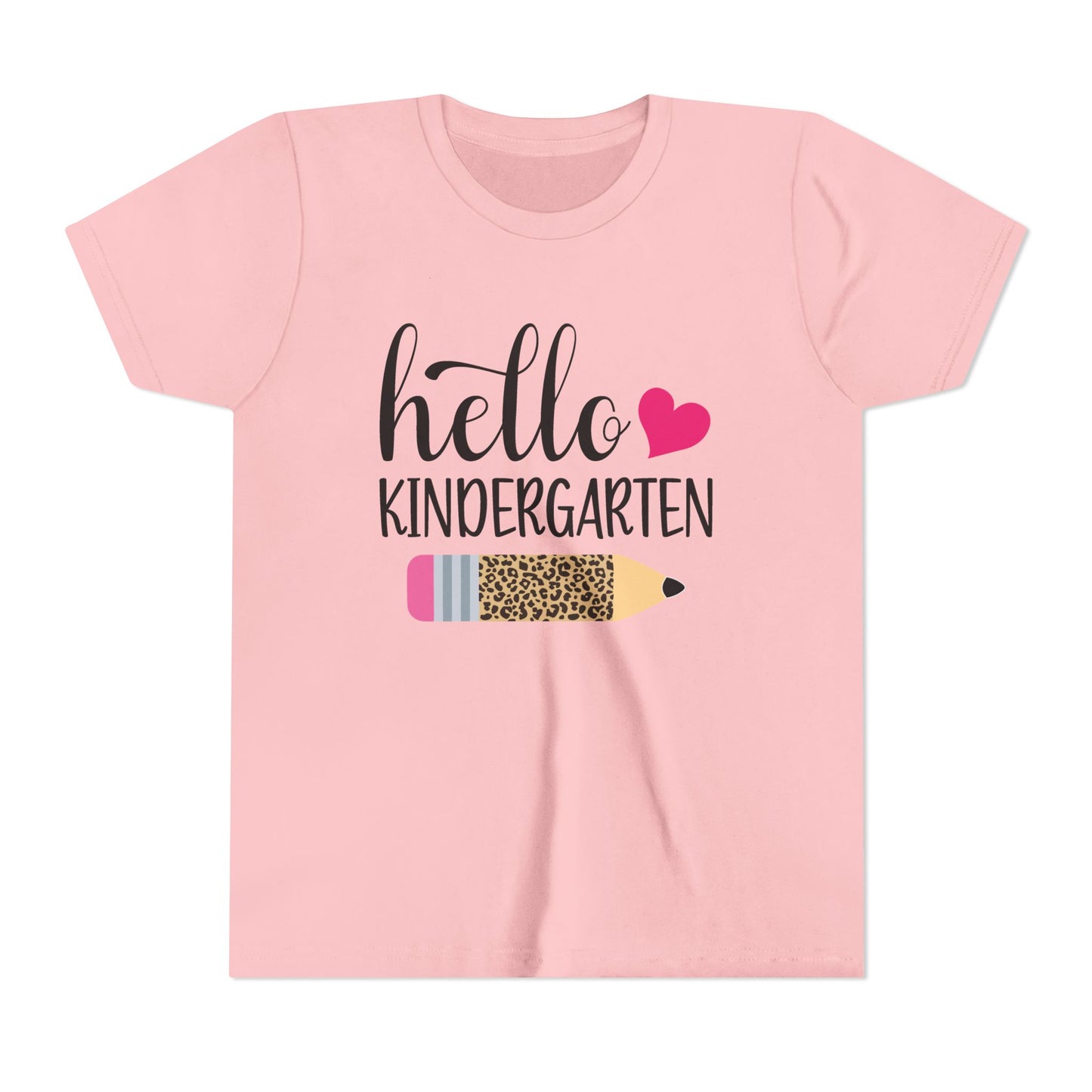 Pink youth T-shirt with 'Hello Kindergarten' graphic, pink heart and pencil design