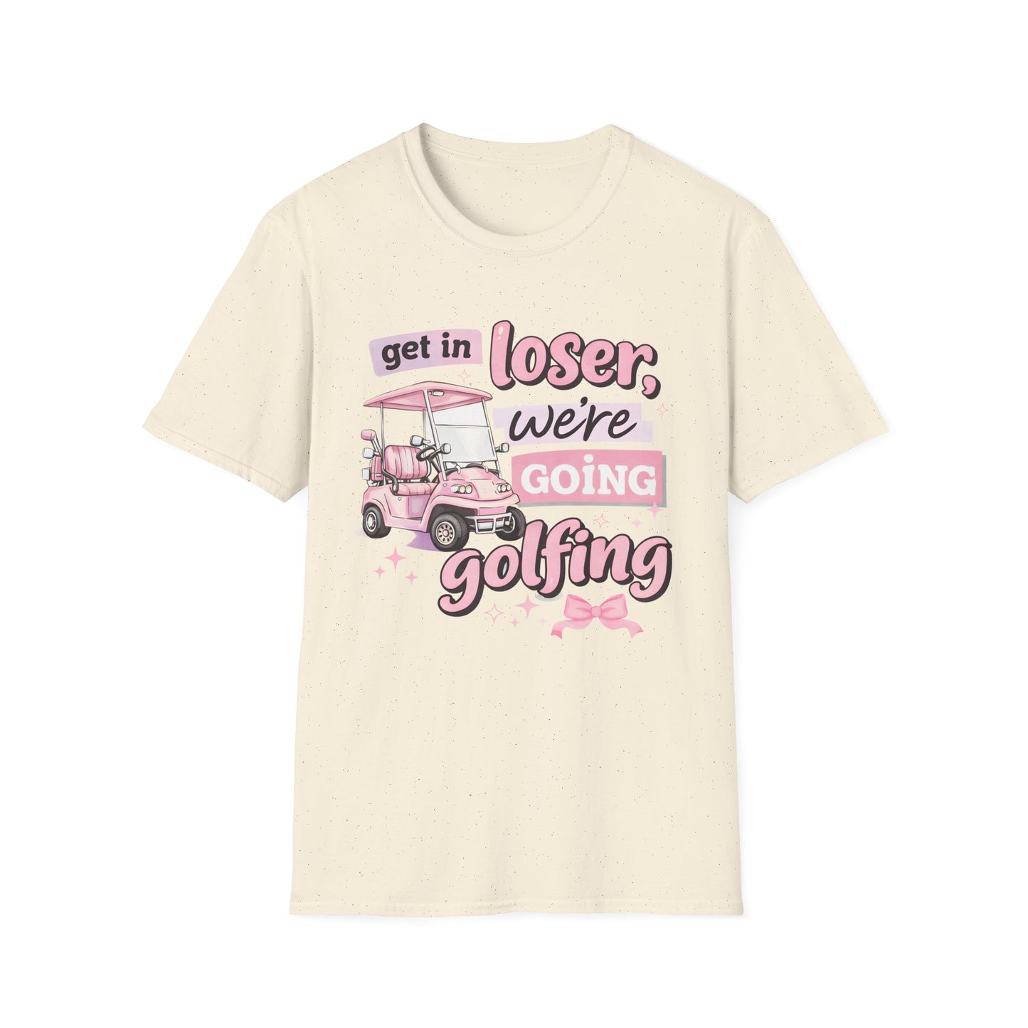 Natural/beige golfing graphic T-shirt with pink “get in loser” cart design