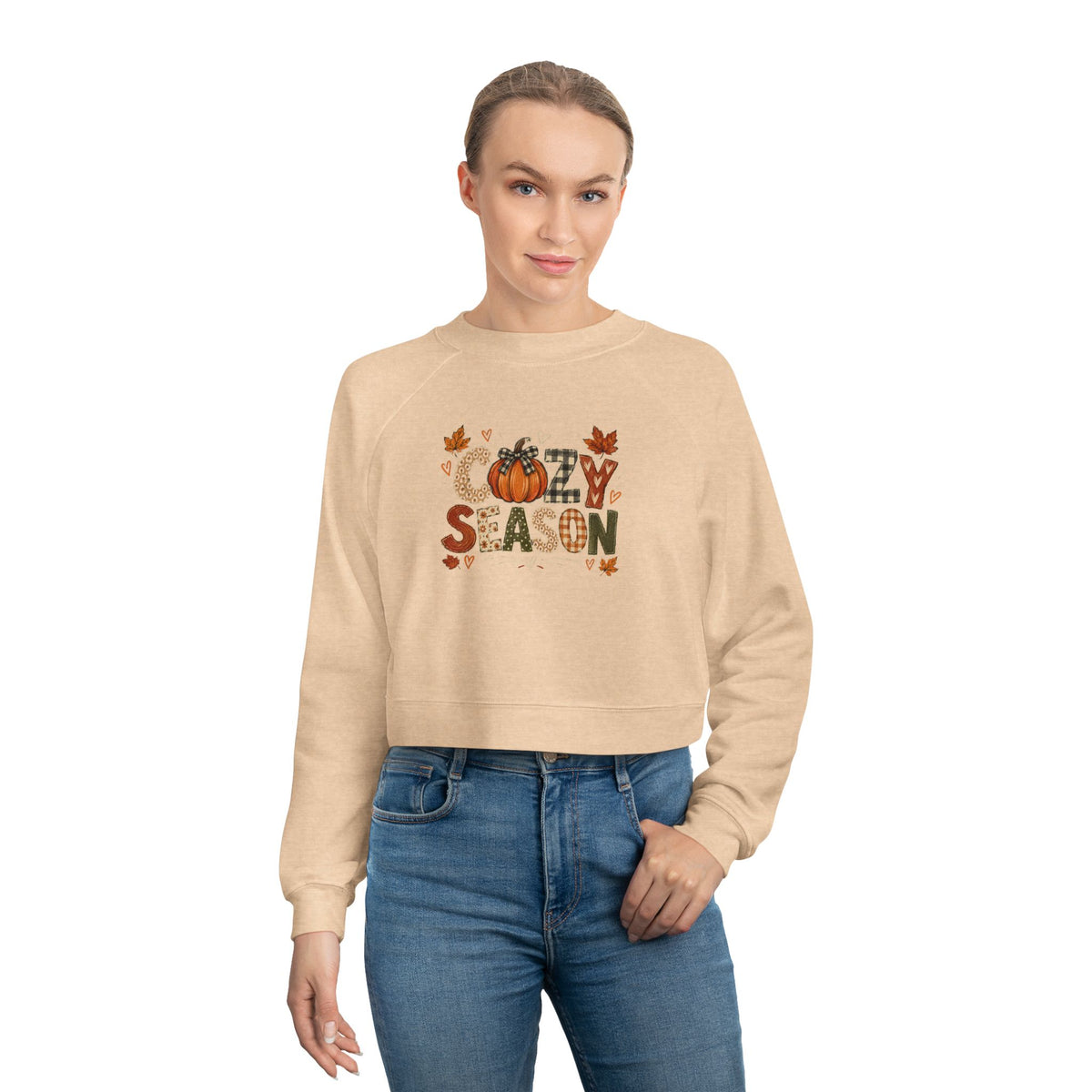 Beige cropped crewneck sweatshirt with pumpkin and leaf autumn graphic
