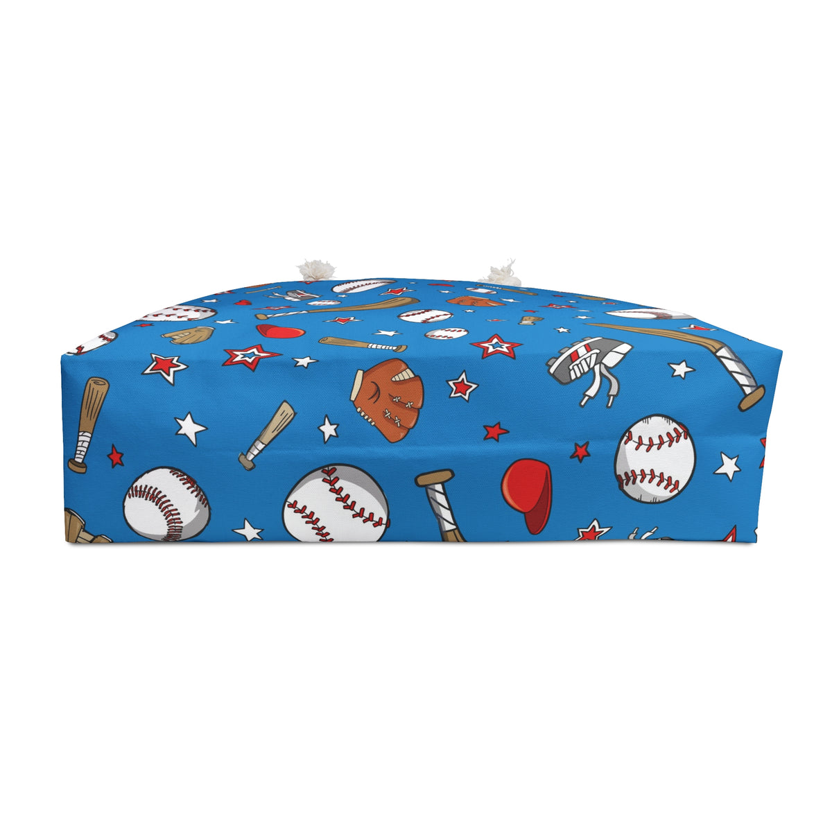 Blue baseball-themed tote bag with white rope handles and illustrated sports icons