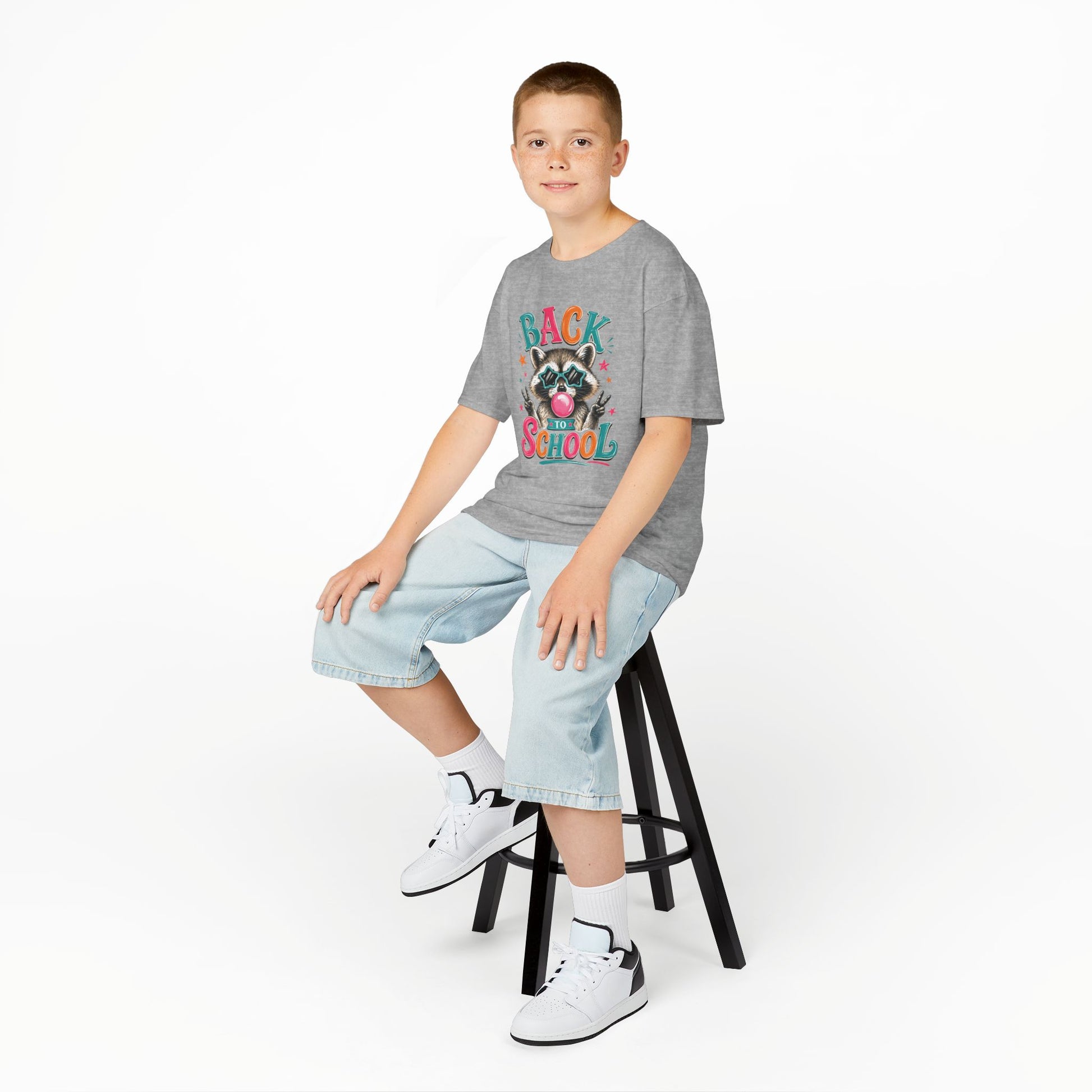 Kids heather grey short-sleeve tee with colorful raccoon Back to School graphic