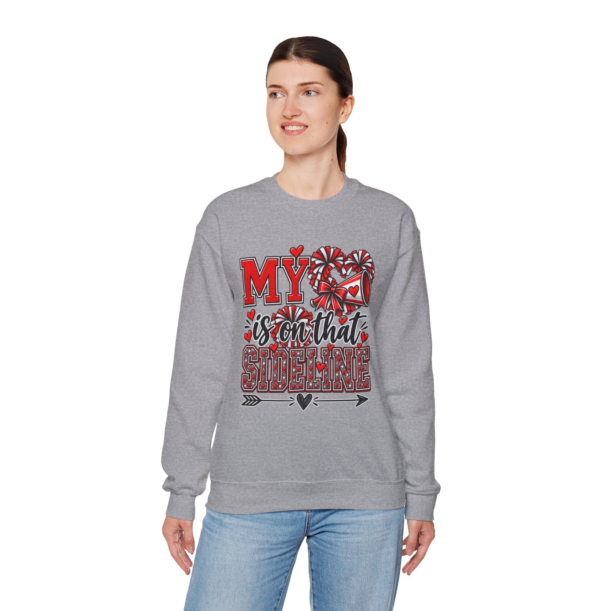 Sport grey crewneck sweatshirt with red heart sideline graphic, front view
