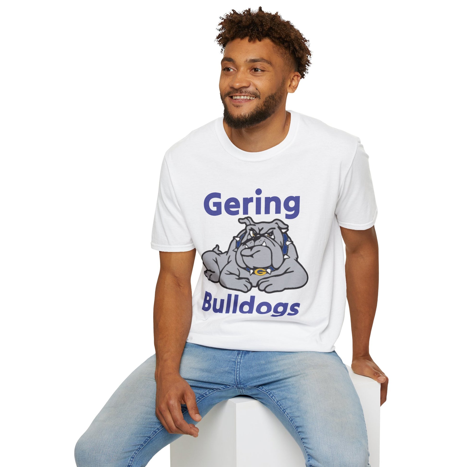 White Bulldogs graphic T-shirt with Gering text and bulldog logo, model wearing