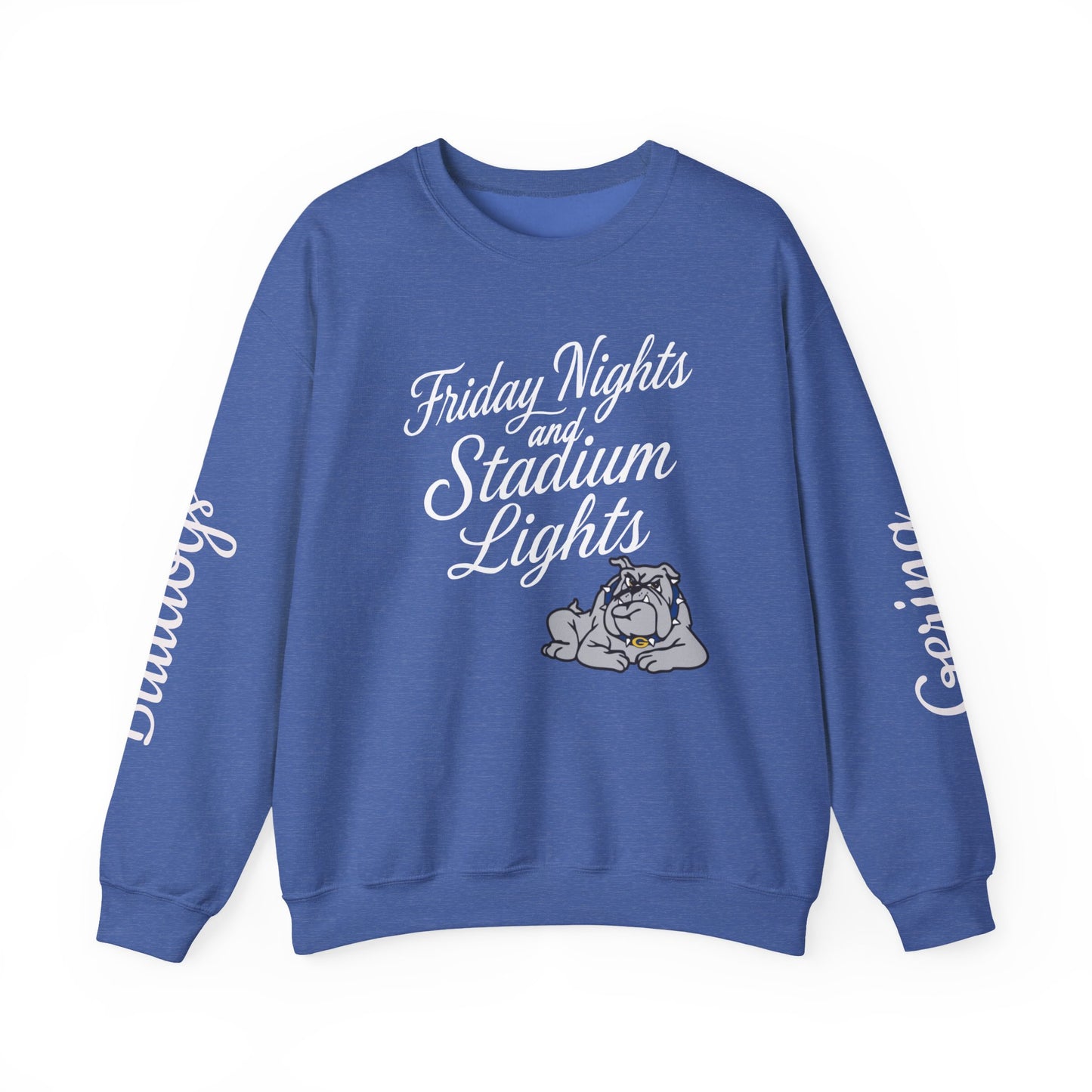 Blue crewneck sweatshirt with “Friday Nights and Stadium Lights” graphic and bulldog emblem