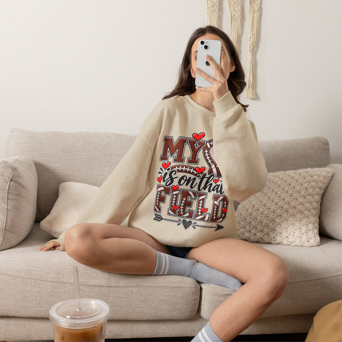 Sand crewneck sweatshirt with football mom graphic print at chest