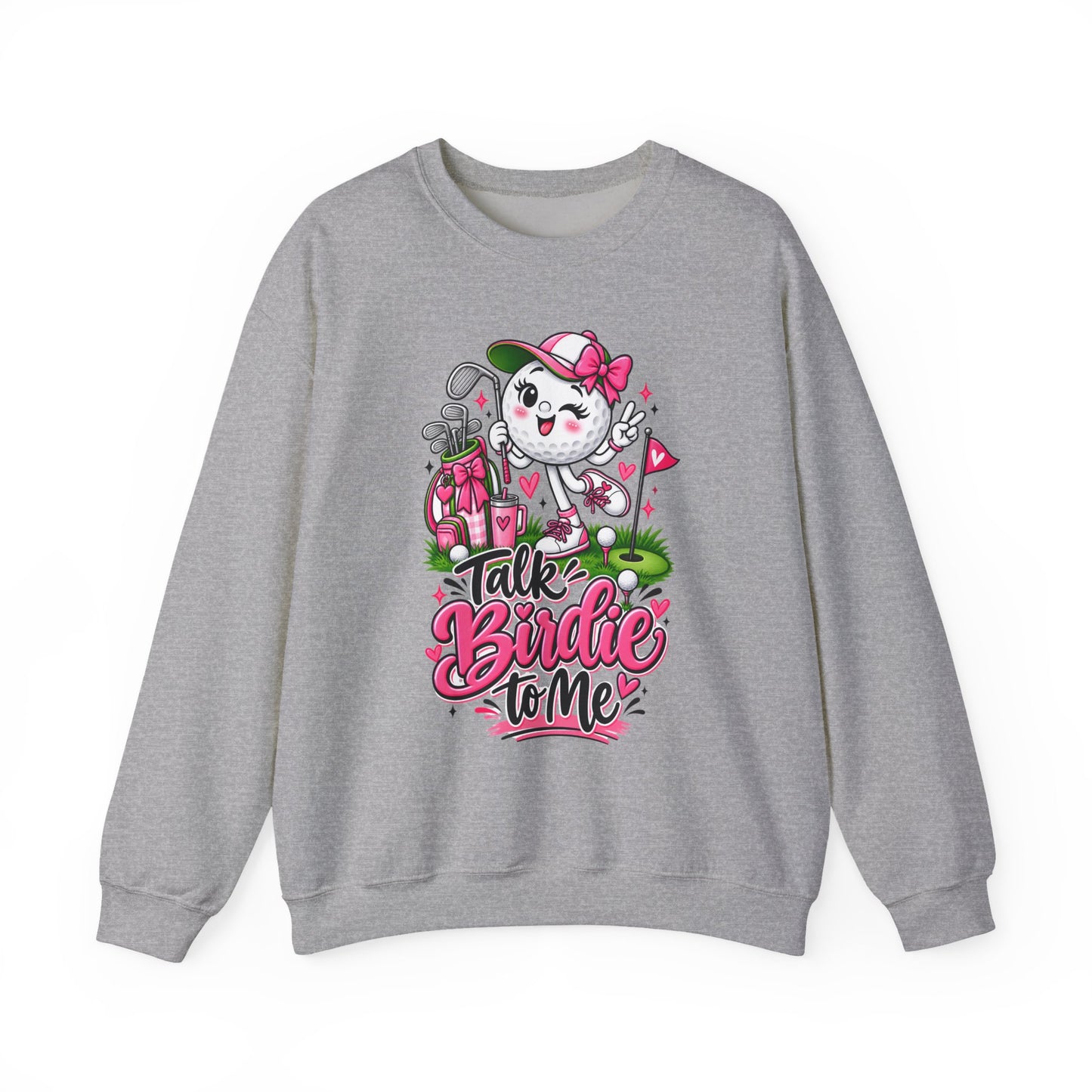 Gray crewneck sweatshirt with cute golf cat graphic and pink floral hearts design