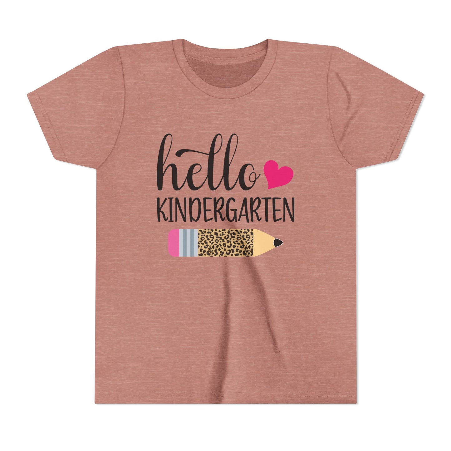 Dusty rose youth T-shirt with 'Hello Kindergarten' graphic and pink heart pencil design