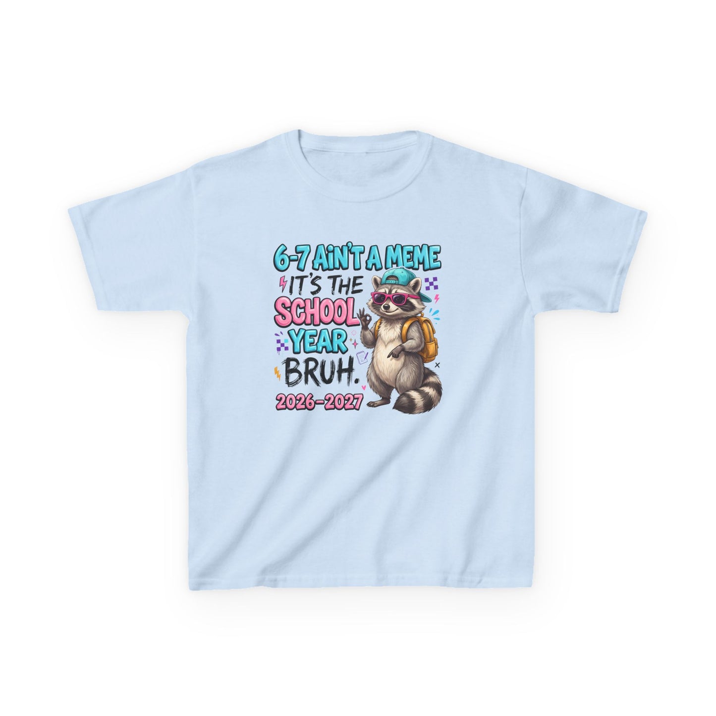Light blue kids graphic T-shirt with colorful raccoon backpack meme print, short sleeves