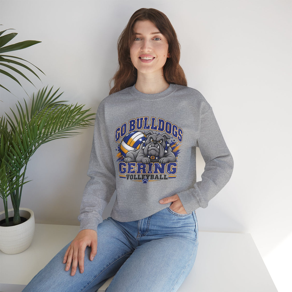 Sport grey volleyball crewneck sweatshirt with Bulldogs Gering graphic front