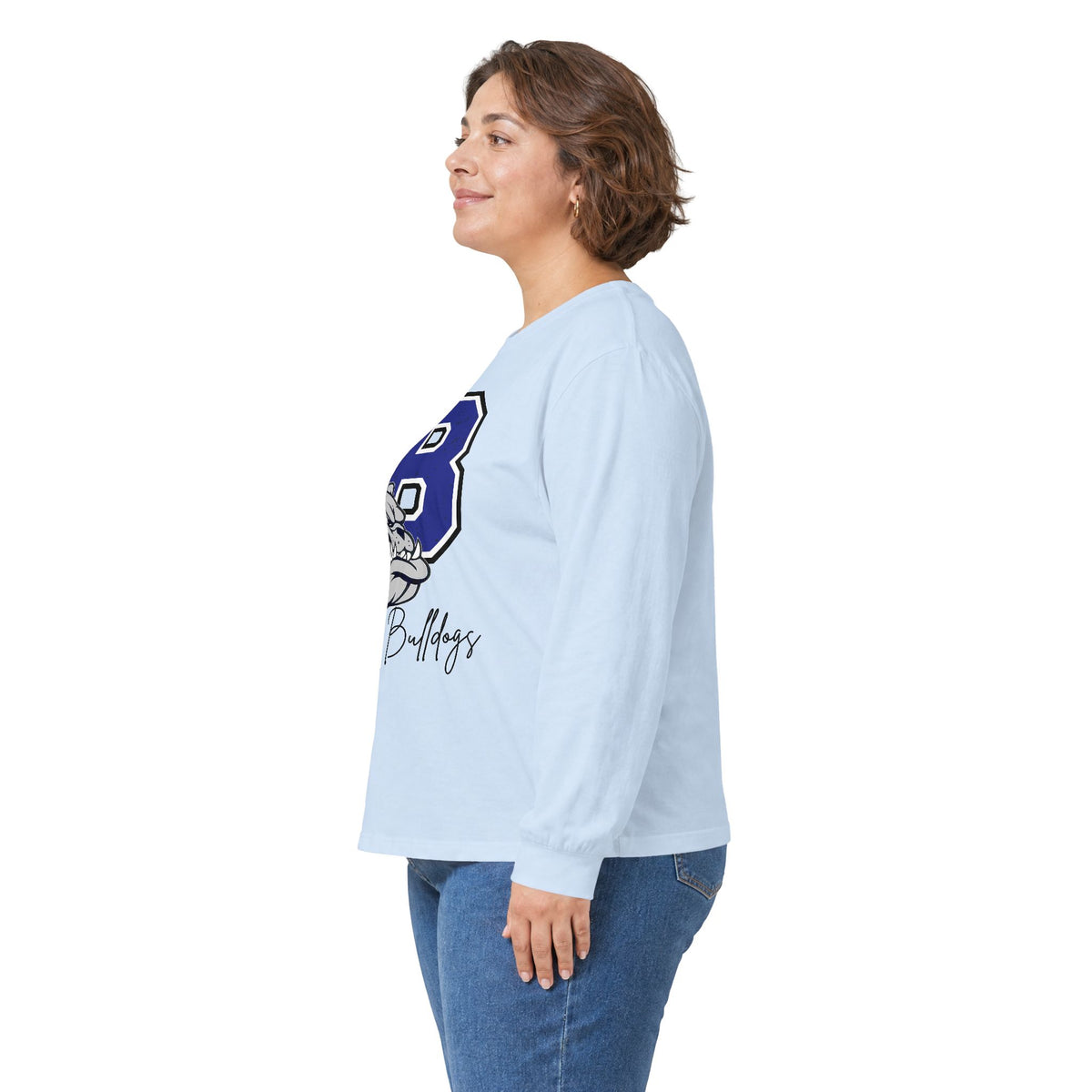 Light blue long-sleeve T-shirt with small blue bulldog logo on chest, side view