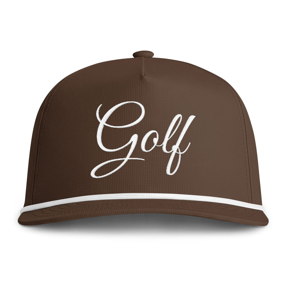 Espresso brown trucker cap with embroidered 'Golf' script and white contrast trim