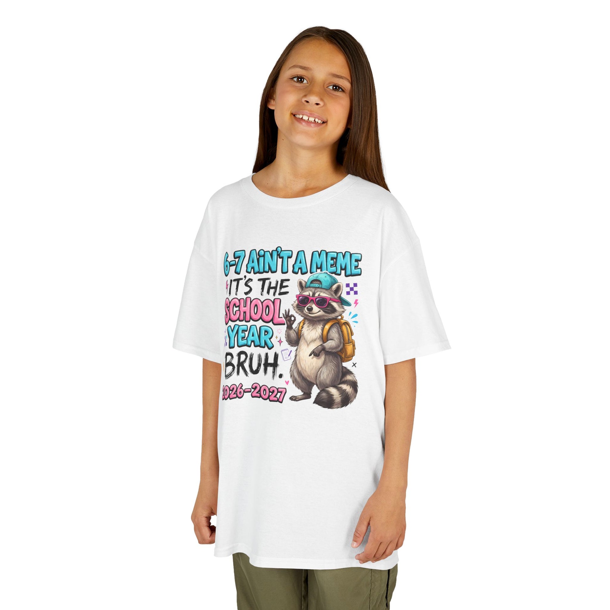 White kids graphic T-shirt with raccoon backpack meme print, short sleeves