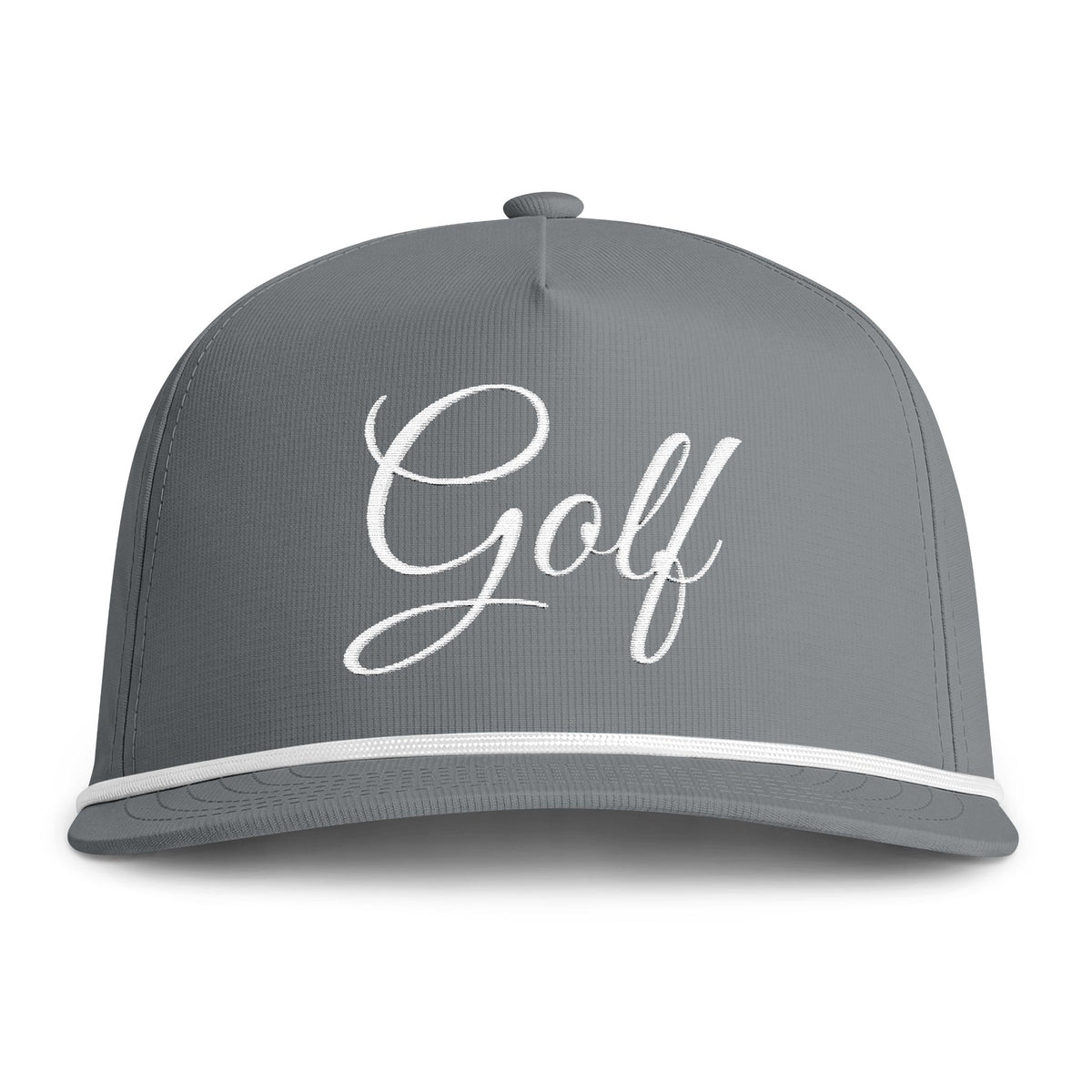 Granite gray trucker cap with embroidered 'Golf' script and white contrast trim