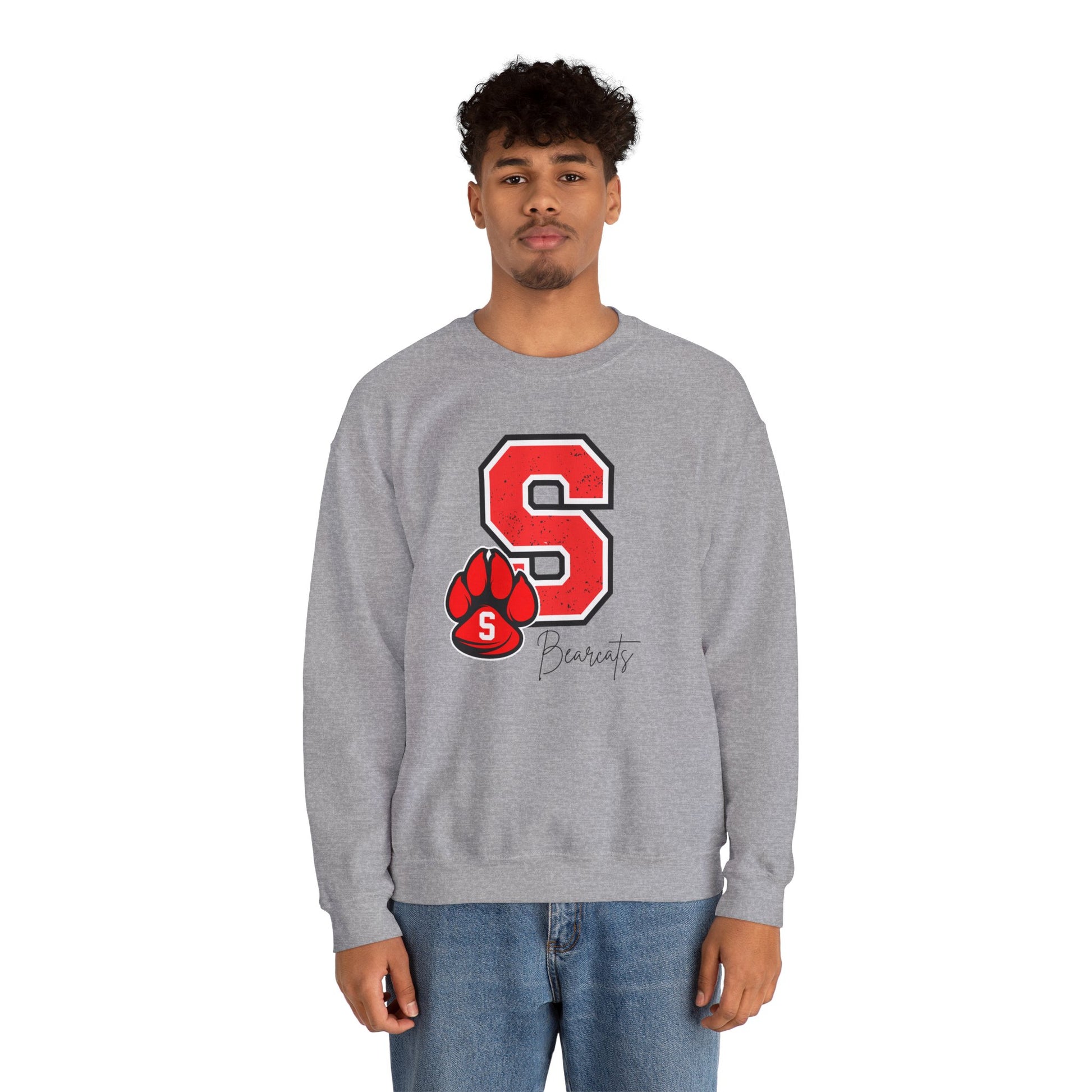 Heather gray crewneck sweatshirt with red varsity S and paw print graphic at center