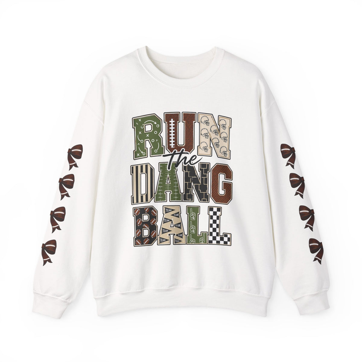 White crewneck sweatshirt with retro 'Run the Dang Ball' patchwork graphic and ribbon sleeves