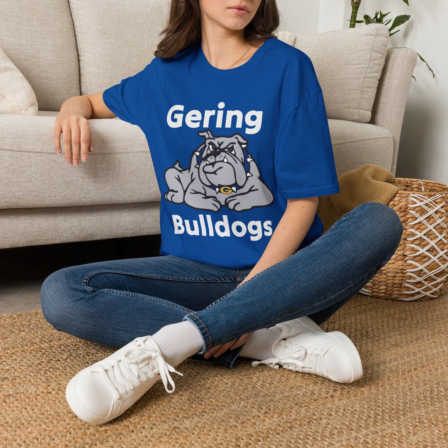 Royal blue Bulldogs graphic T-shirt with Gering text and bulldog logo, worn by model