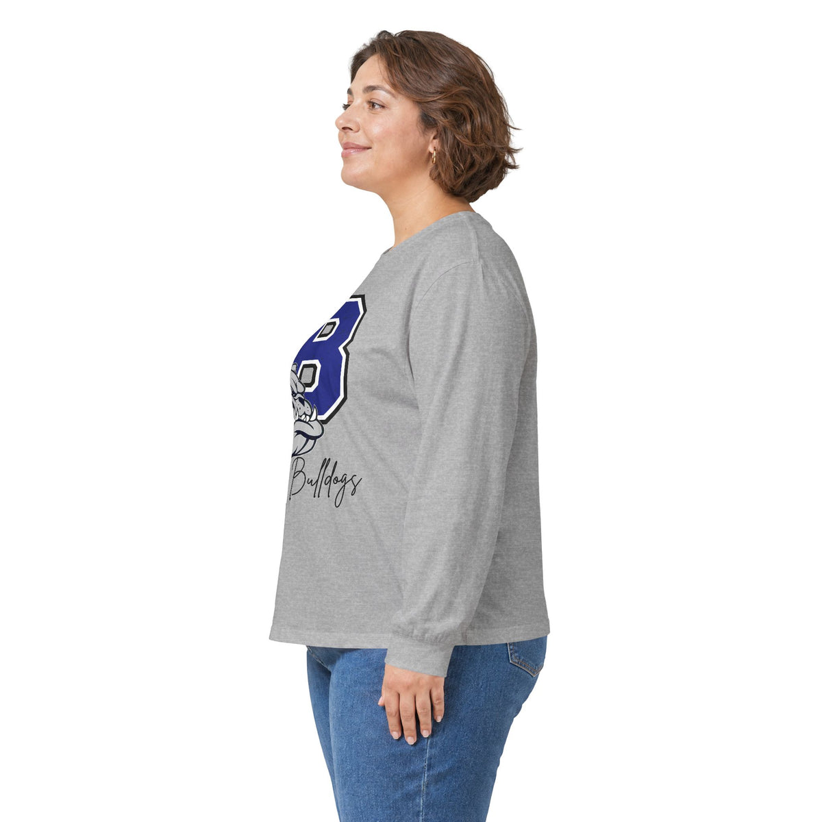 Sport grey long-sleeve T-shirt with small blue bulldog logo on chest, side view