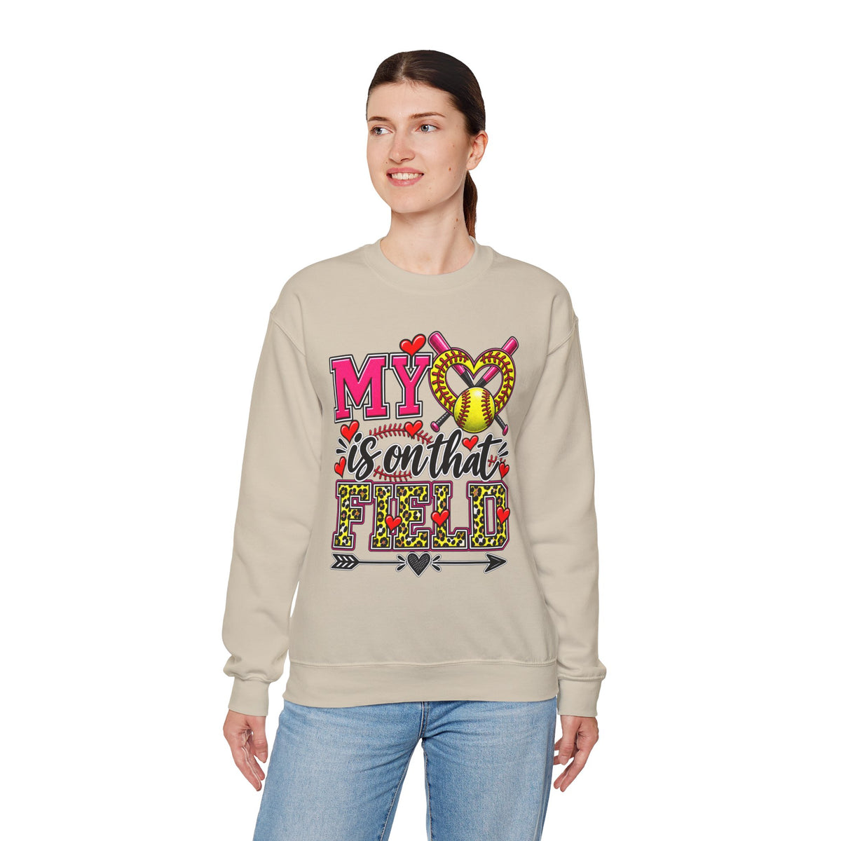Light sand crewneck sweatshirt with colorful softball graphic on front