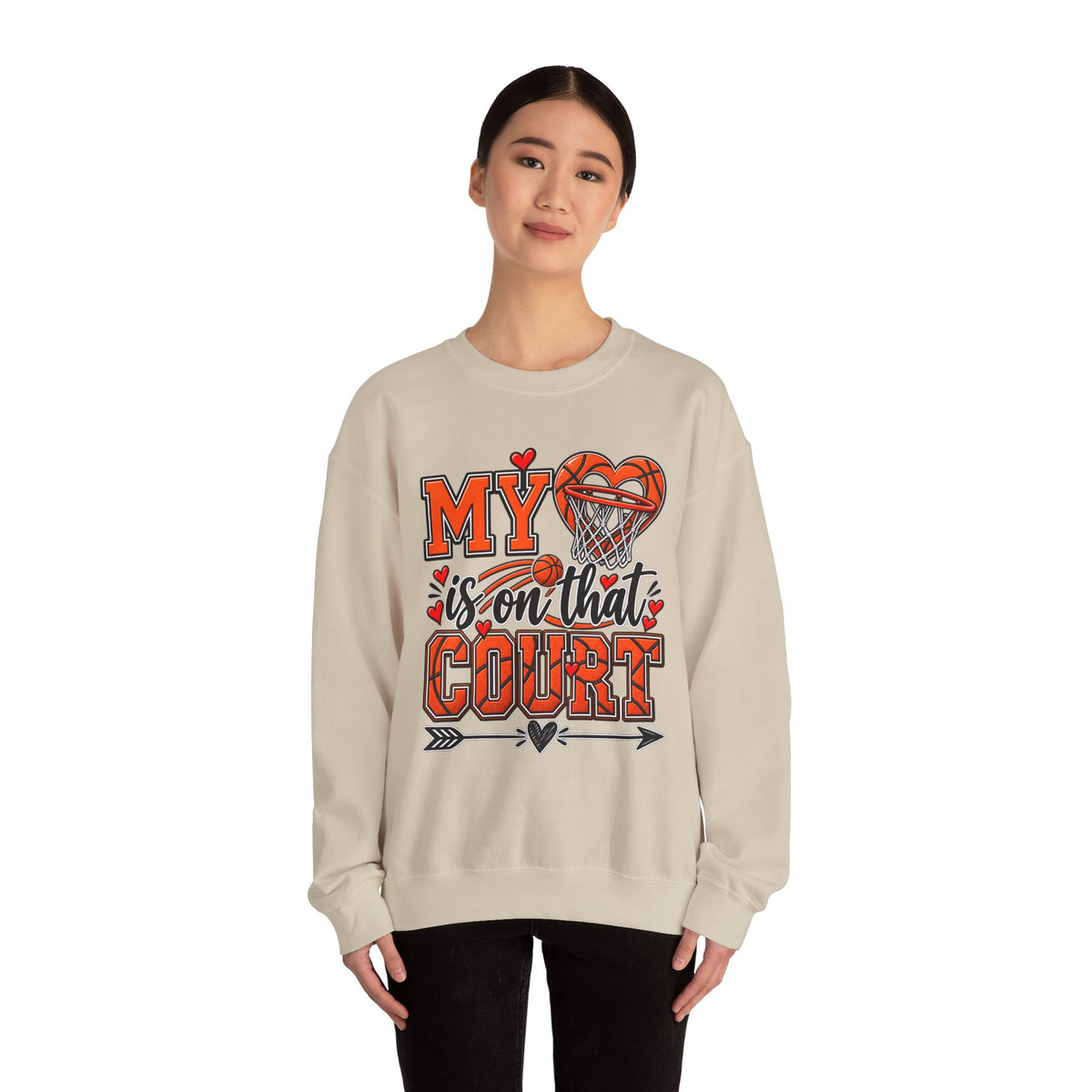 Sand-colored sweatshirt with basketball hoop and heart graphic on front