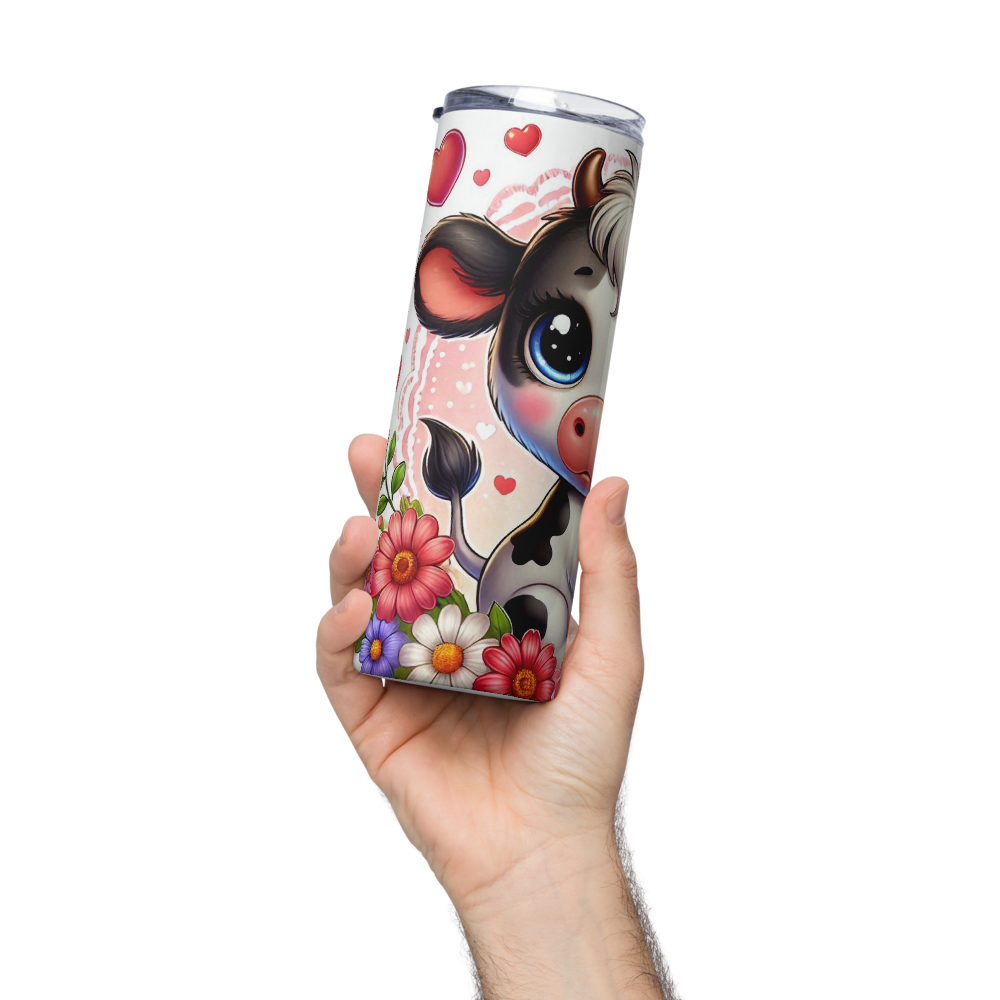 Insulated tumbler with straw, calf face held in hand with hearts and flowers