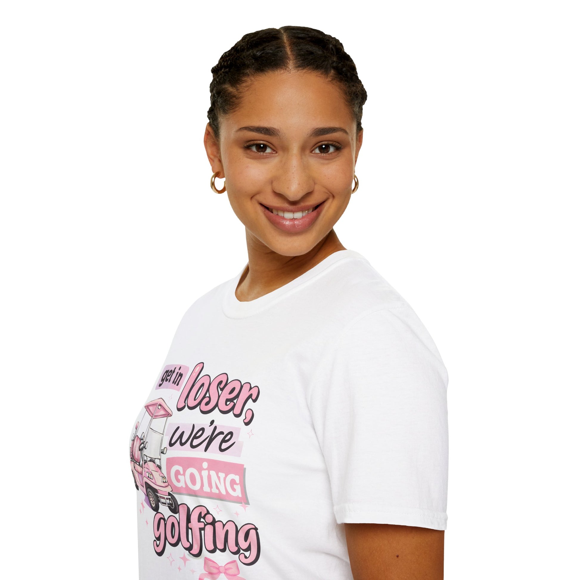 White short-sleeve T-shirt with centered pink golf cart “we’re going golfing” graphic