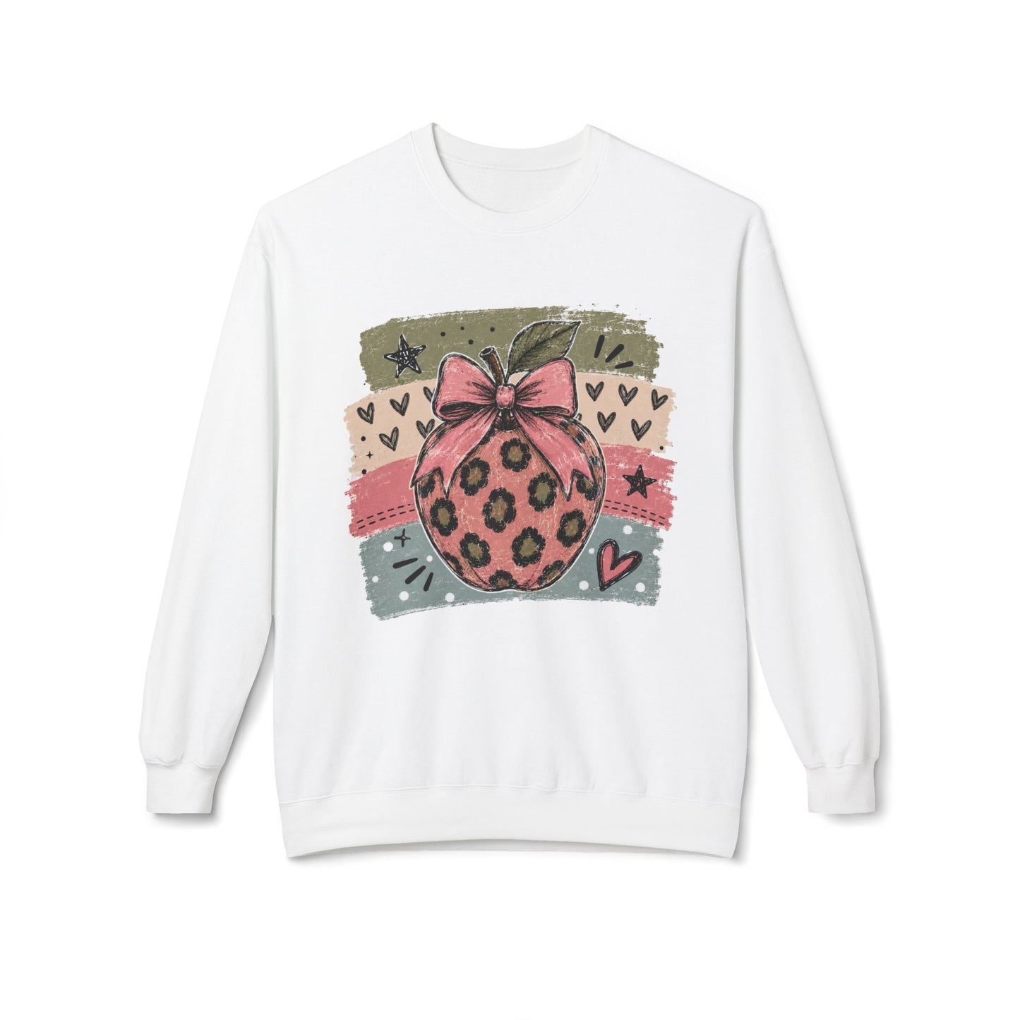 White sweatshirt with front graphic leopard ornament with pink bow and hearts.