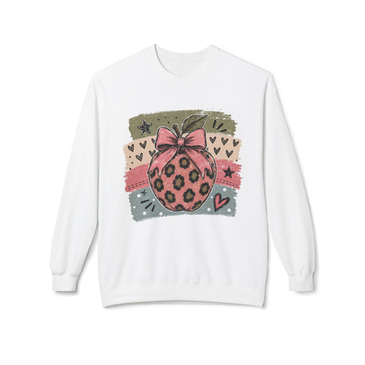 White sweatshirt with front graphic leopard ornament with pink bow and hearts.