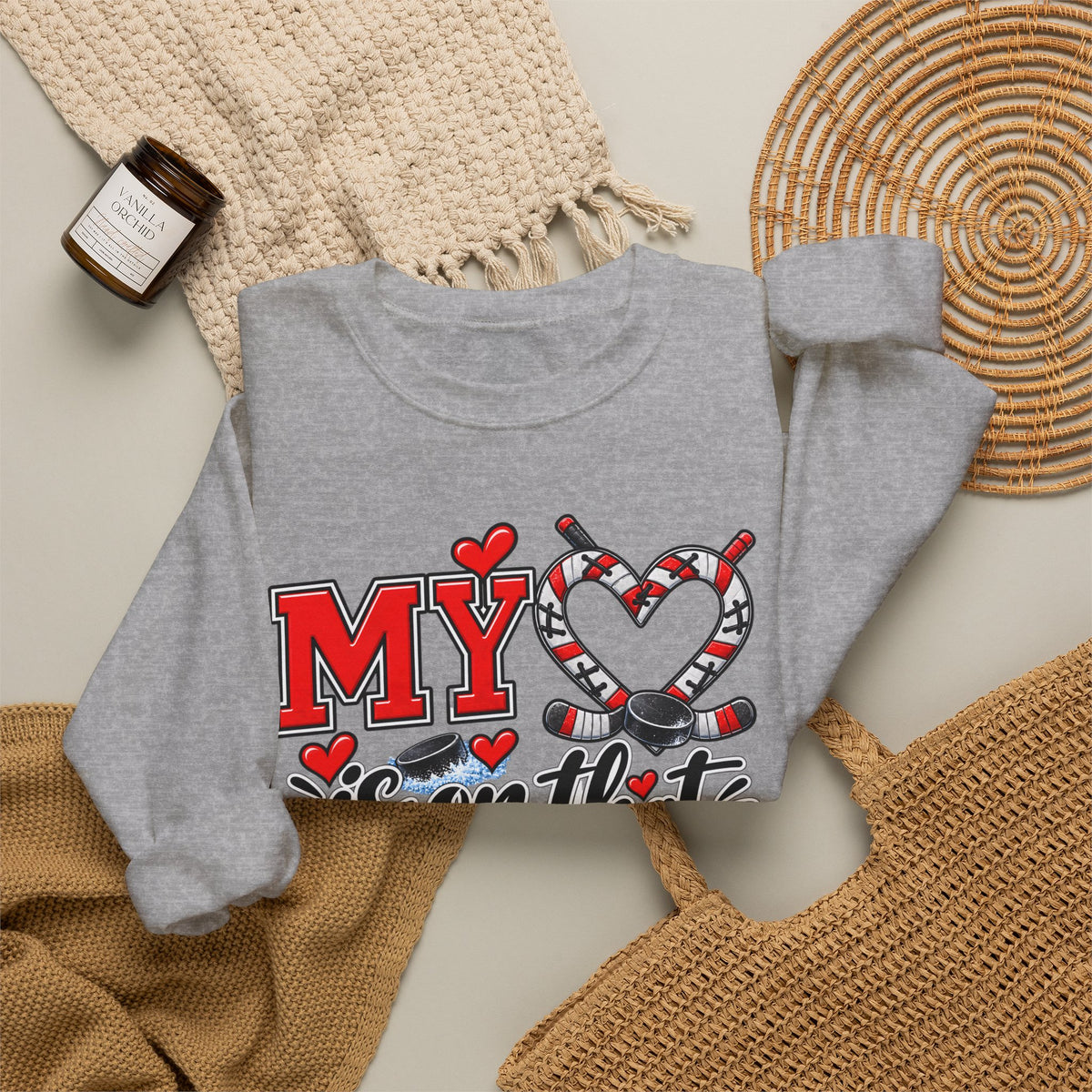 Heather gray sweatshirt with 'MY HEART' hockey ice-themed heart graphic