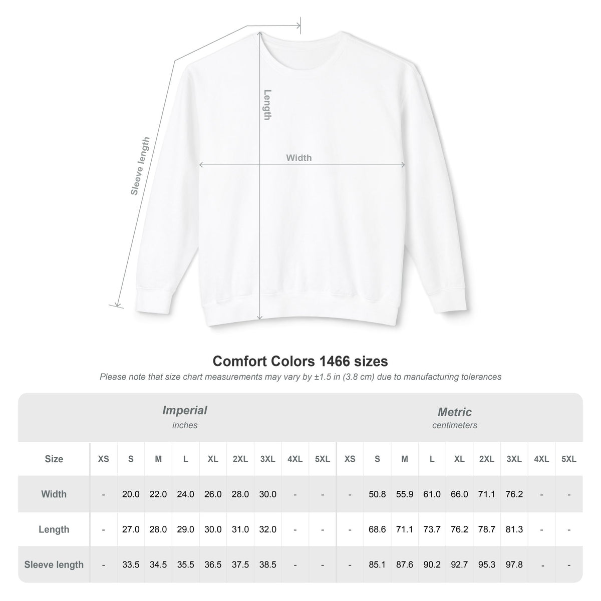 White crewneck sweatshirt size chart showing width and length measurements
