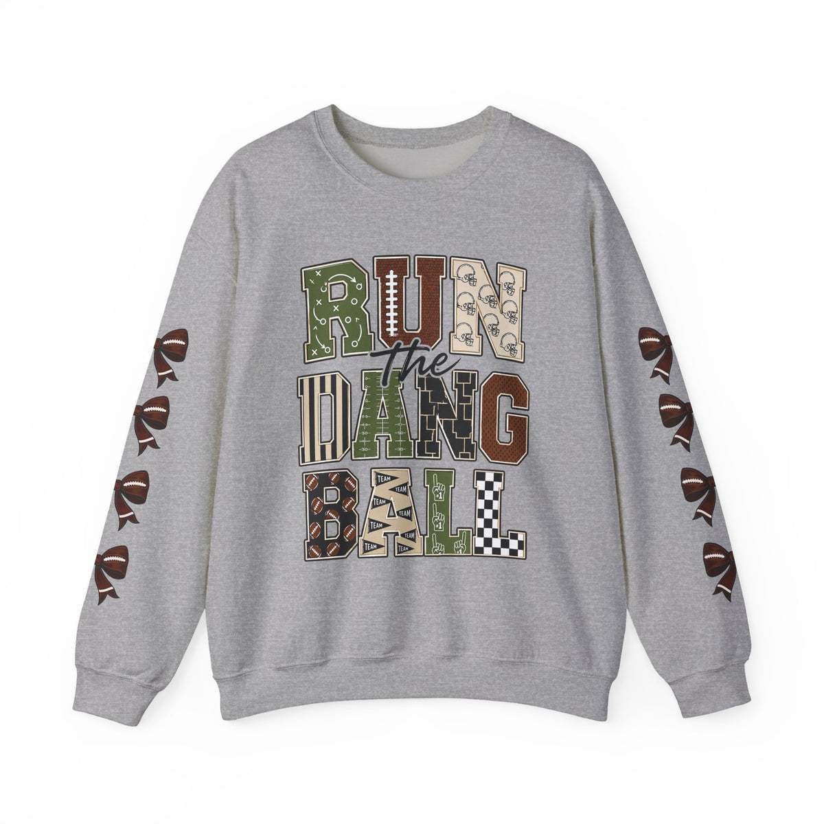 Sport grey crewneck sweatshirt with 'Run the Dang Ball' patchwork graphic and ribbon sleeves