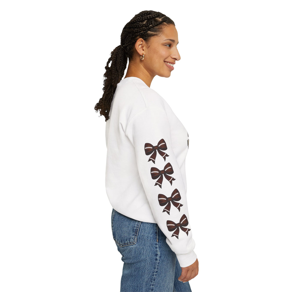 White crewneck sweatshirt with ribbon bow sleeve print on the back