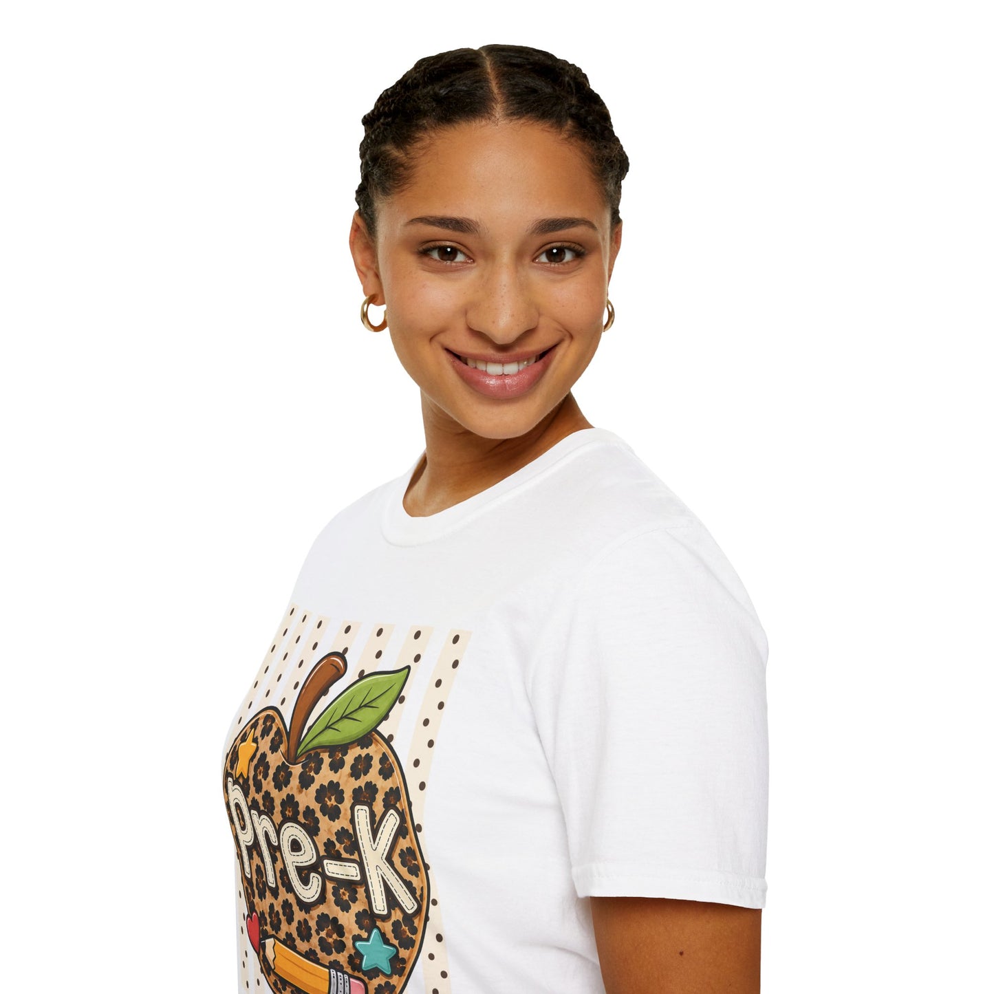 White preschool T-shirt with leopard-print apple “Pre-K” graphic