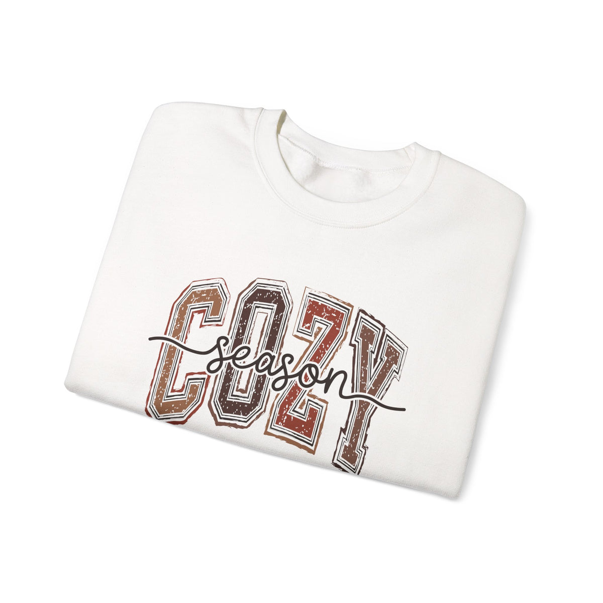 White crewneck sweatshirt with Cozy Season graphic, folded top view