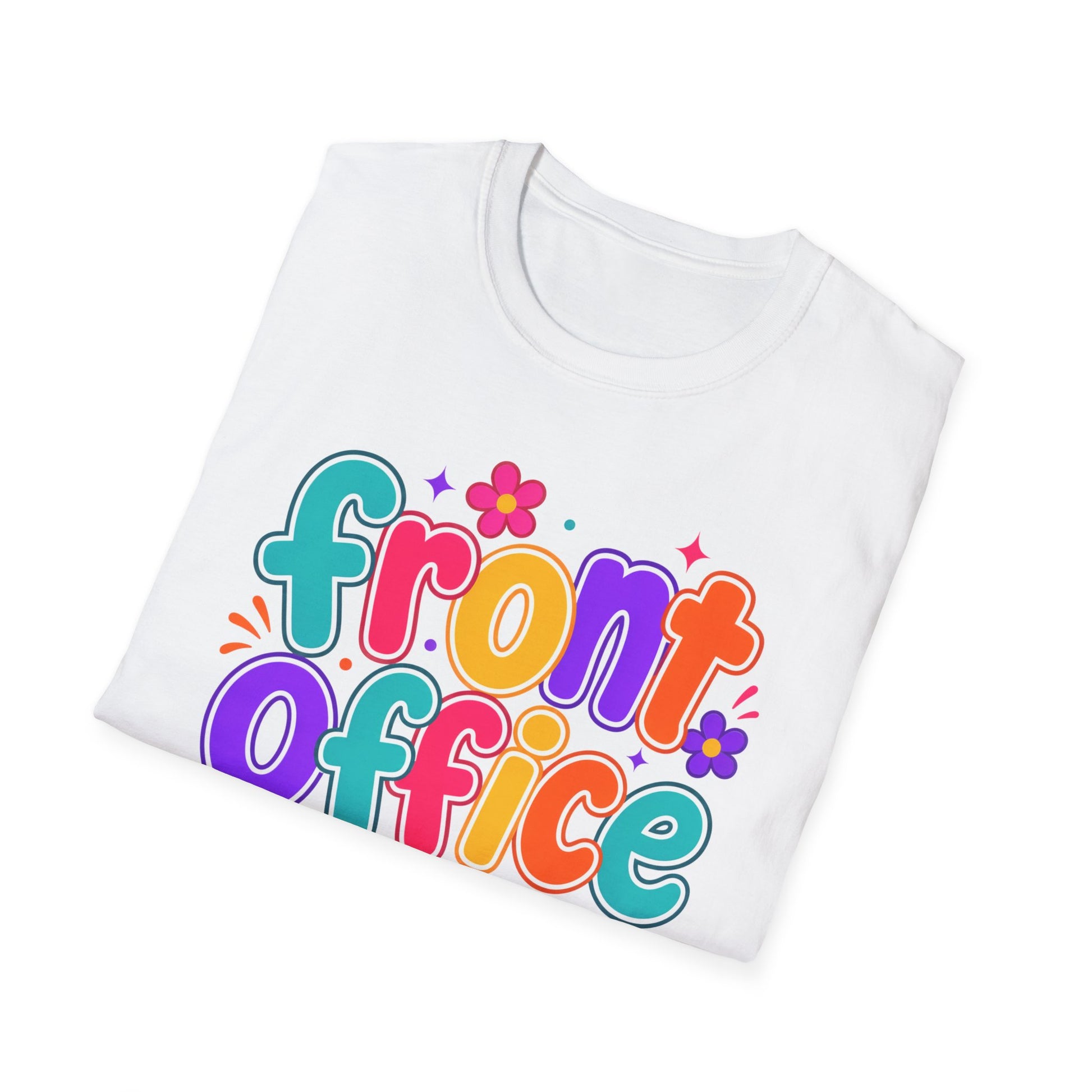 White T-shirt with large colorful 'Front Office' retro floral text print