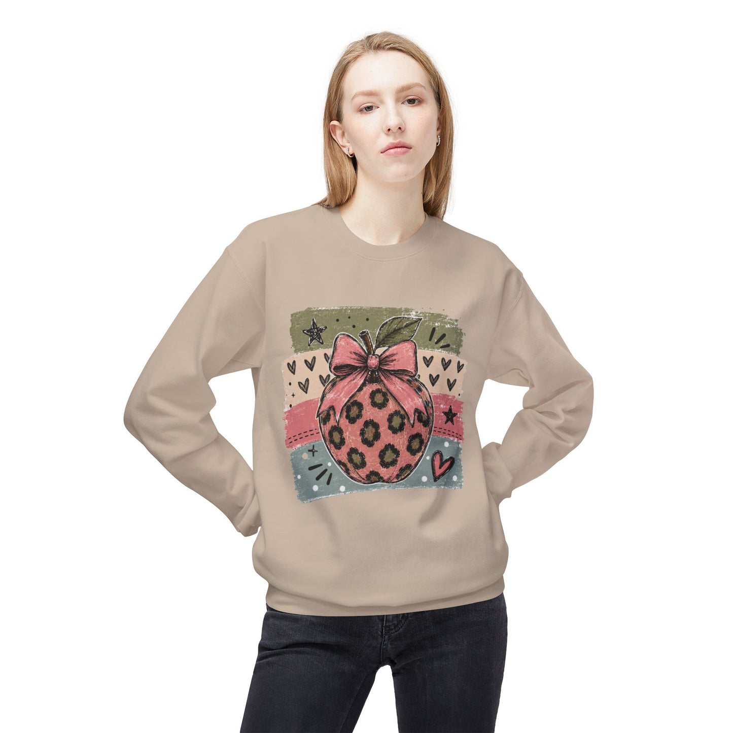 Beige sweatshirt with leopard ornament and bow graphic on chest