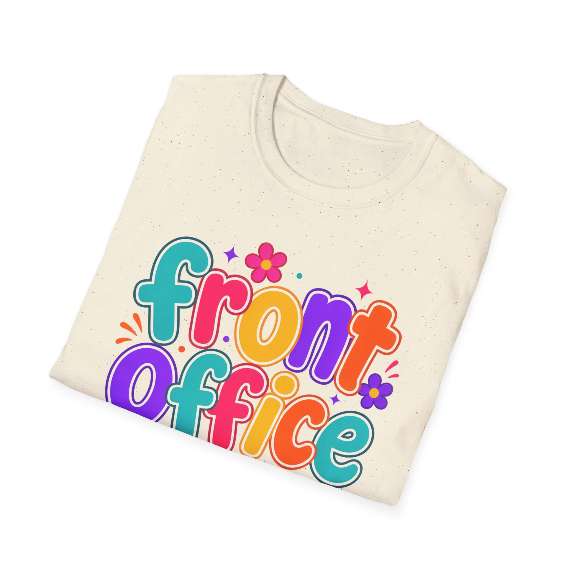 Natural T-shirt with colorful retro floral “front office” front graphic