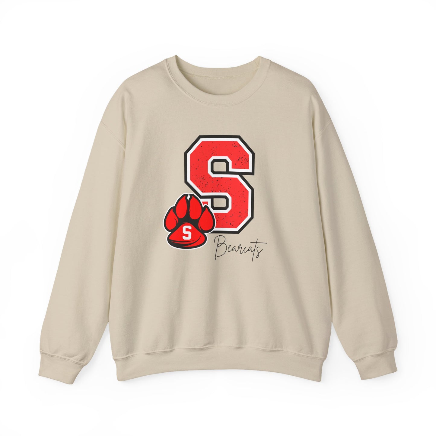 Sand crewneck sweatshirt with red S paw graphic and Bearcats logo on front