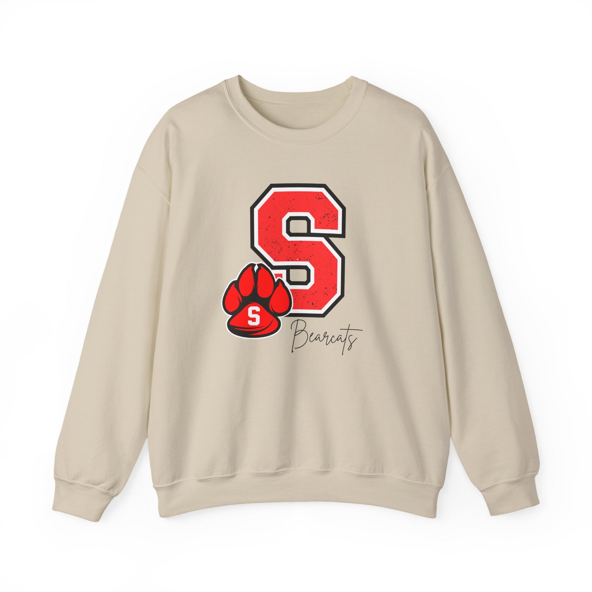 Sand crewneck sweatshirt with red S paw graphic and Bearcats logo on front