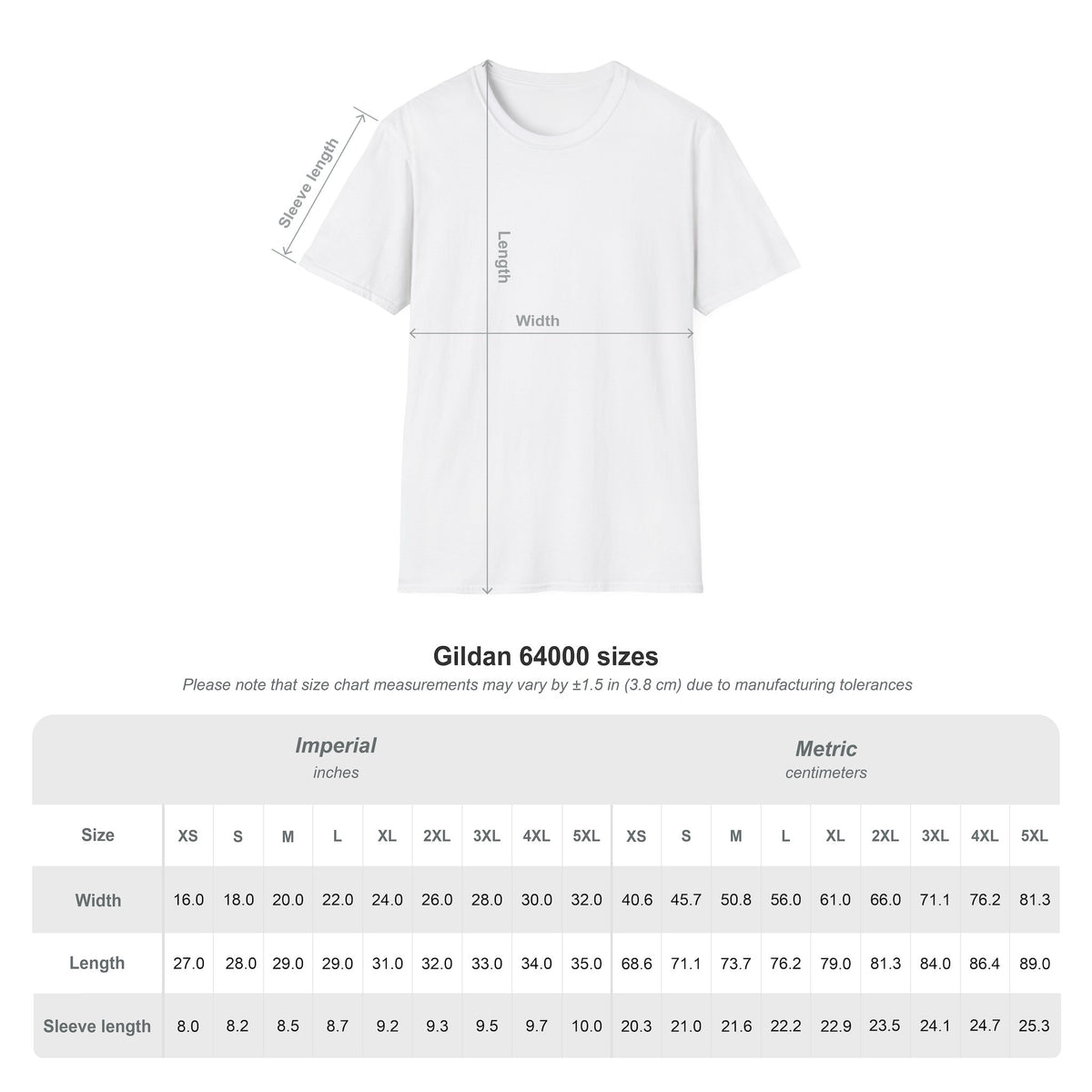White T-shirt product size chart with width and length measurement diagram