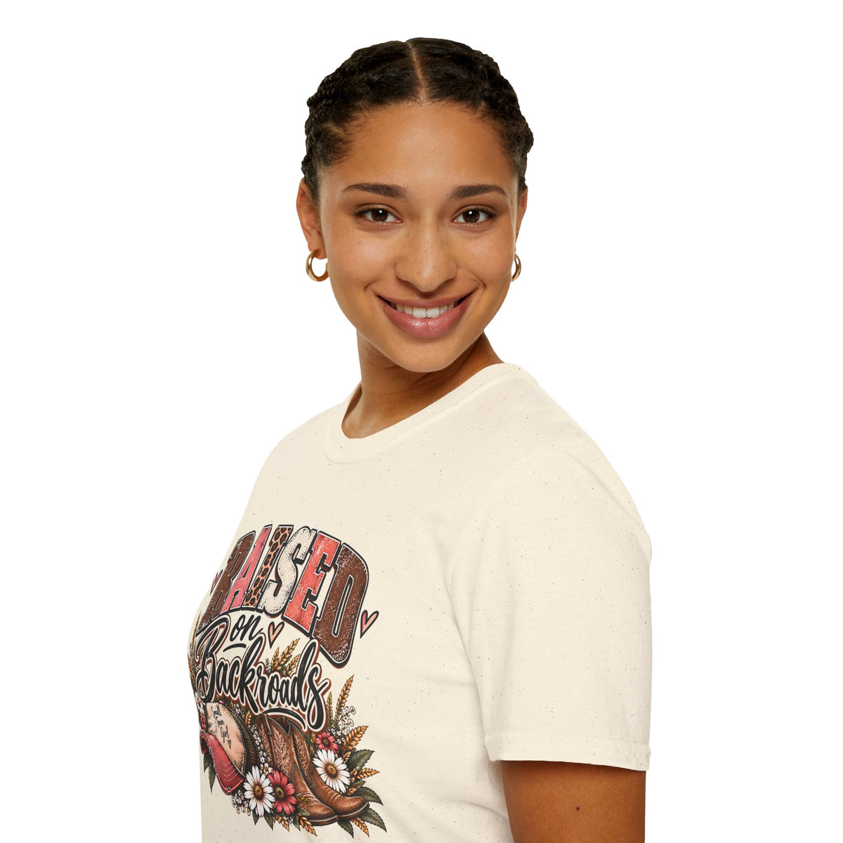 Natural crew-neck t-shirt with front graphic, model shown from side
