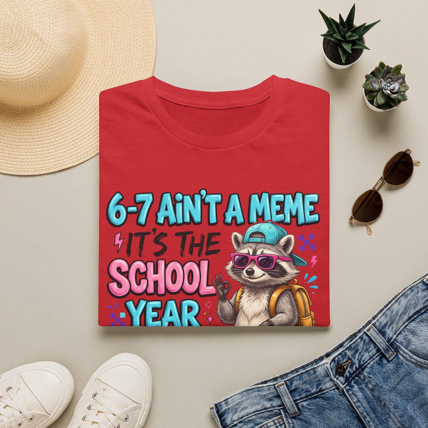 Red raccoon back-to-school T-shirt with colorful school-year graphic
