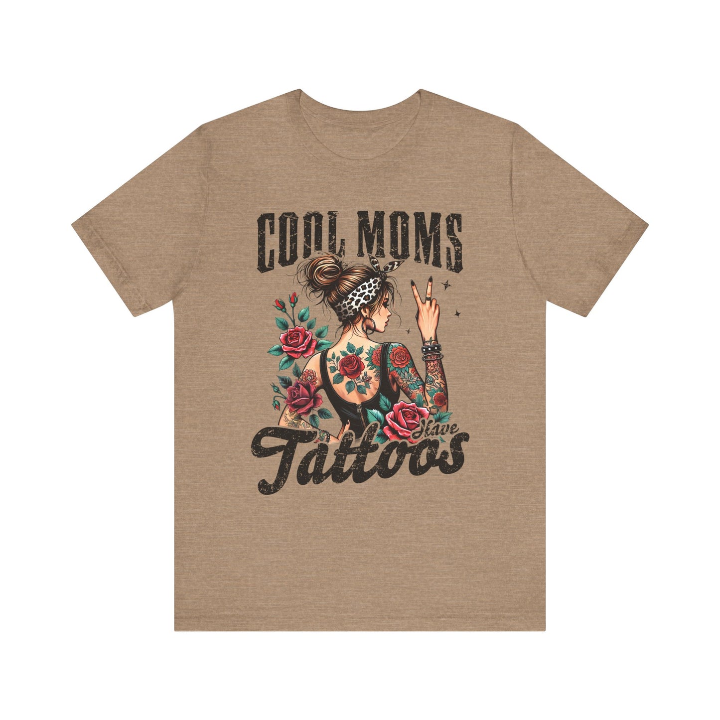 Brown unisex short sleeve jersey tee with front “Cool Moms Tattoos” graphic