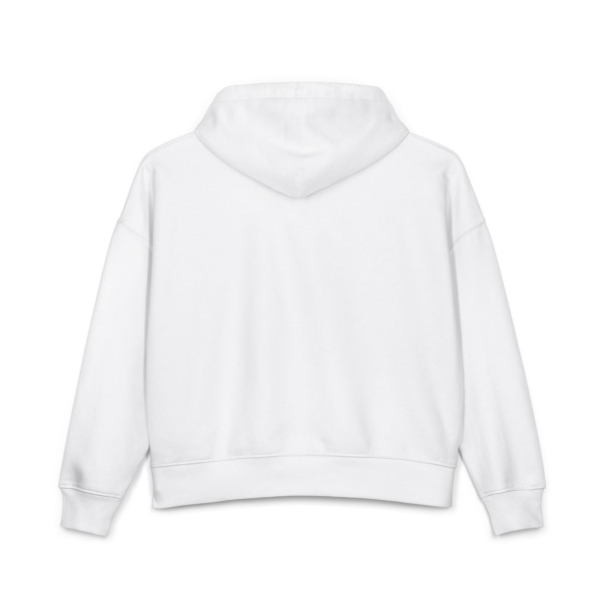 White hoodie back view with adjustable drawstring hood and kangaroo pocket