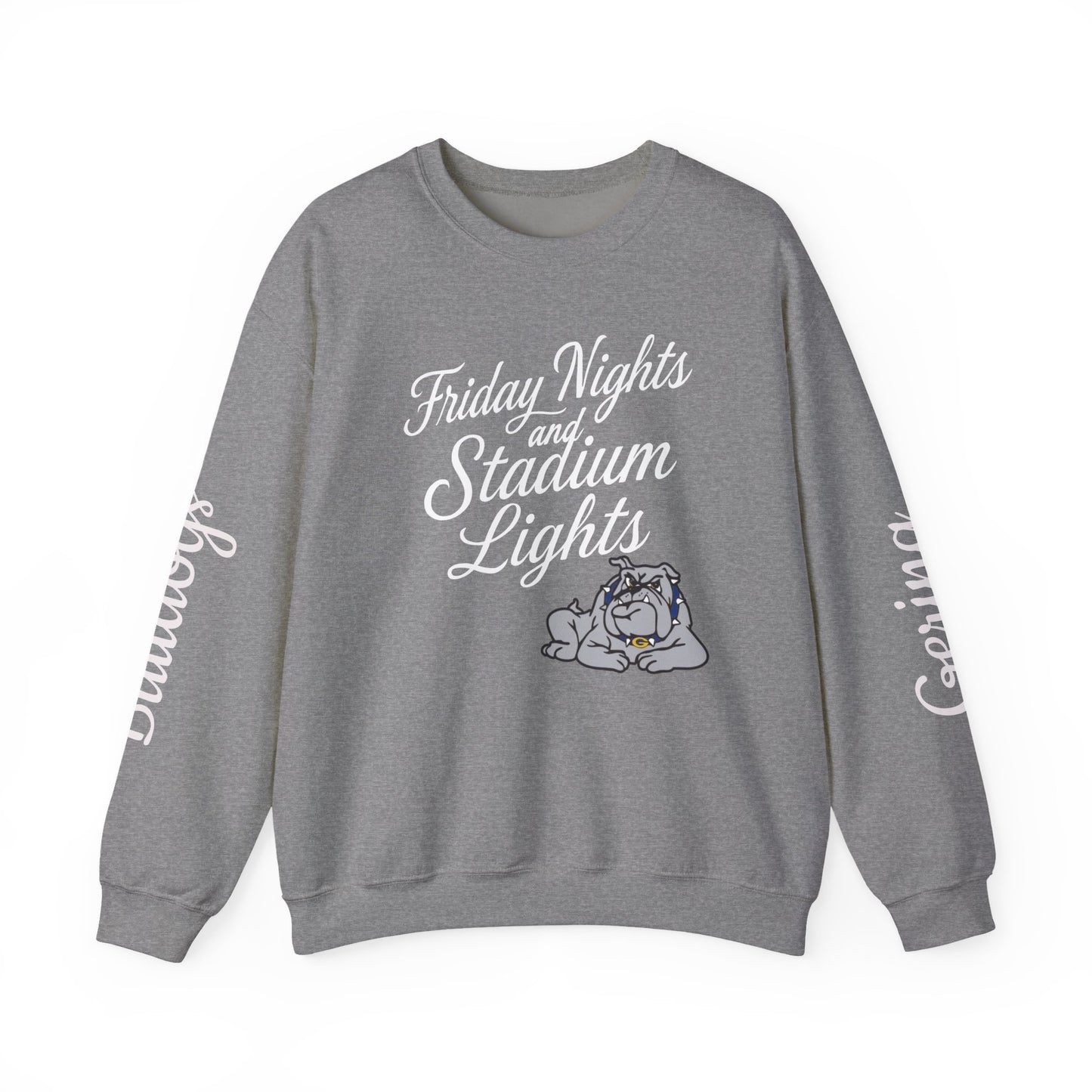 Heather gray crewneck sweatshirt with “Friday Nights and Stadium Lights” graphic and bulldog emblem